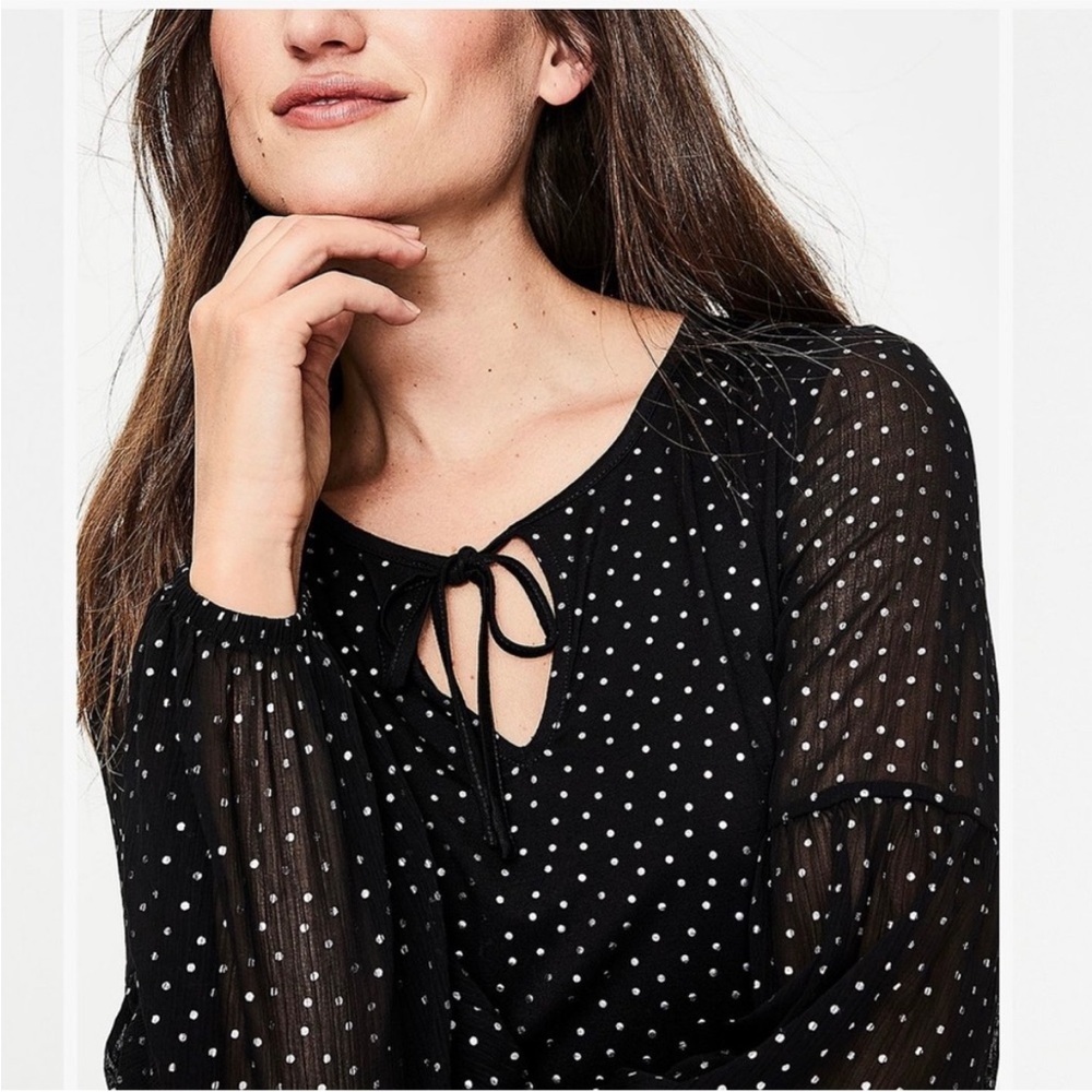 Boden Navy Foul Dot Polka Dot Blouse Sheer Sleeve Tie Neck Top Size 8 - Picture 2 of 6